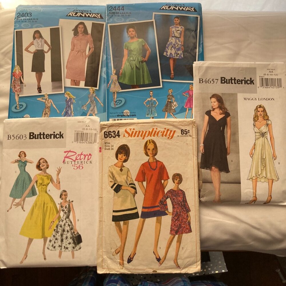 Lot of 5 dress patterns- 2000s and vintage, size up to 34" bust